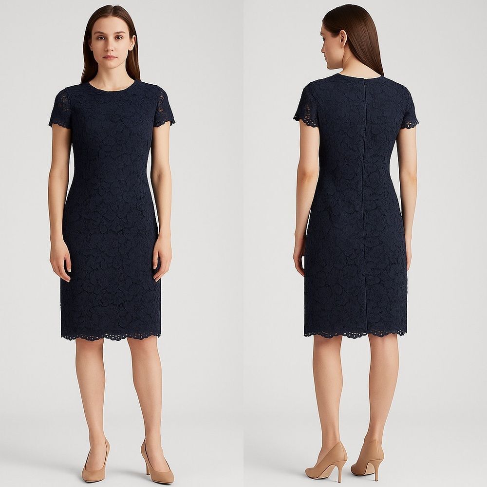 NWT Lauren Ralph Lauren Lace Floral Sheath Dress Women Sz 8 Blue Lined Back Zip